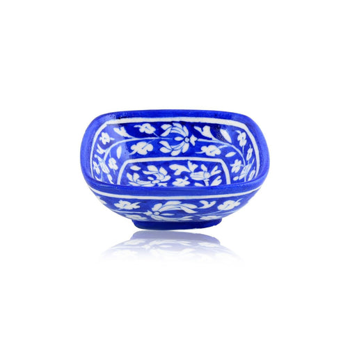Set of 2 Floral Pattern Blue Pottery Bowls—Blue—6”