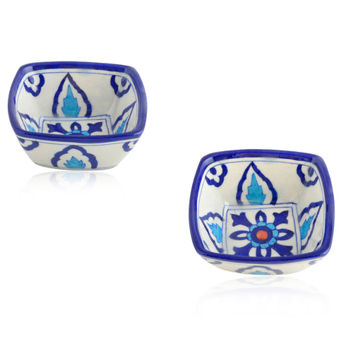 Set of 2 Floral Pattern Blue Pottery Bowls—Blue and White—4”