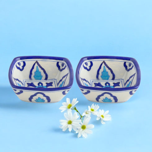 Set of 2 Floral Pattern Blue Pottery Bowls—Blue and White—4”