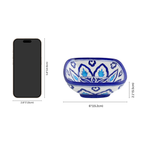 Set of 2 Floral Pattern Blue Pottery Bowls—Blue and White—6”