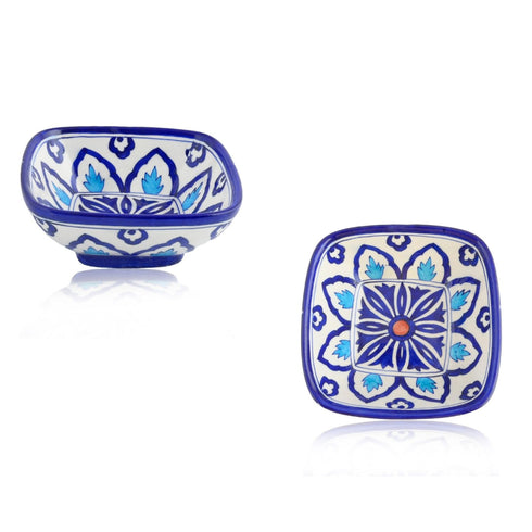 Set of 2 Floral Pattern Blue Pottery Bowls—Blue and White—6”