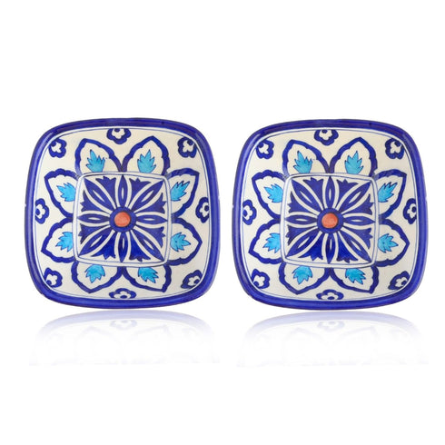 Set of 2 Floral Pattern Blue Pottery Bowls—Blue and White—6”