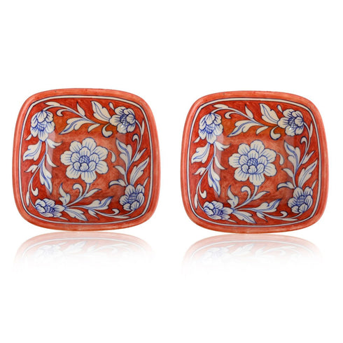 Set of 2 Floral Pattern Blue Pottery Bowls—Maroon—4”