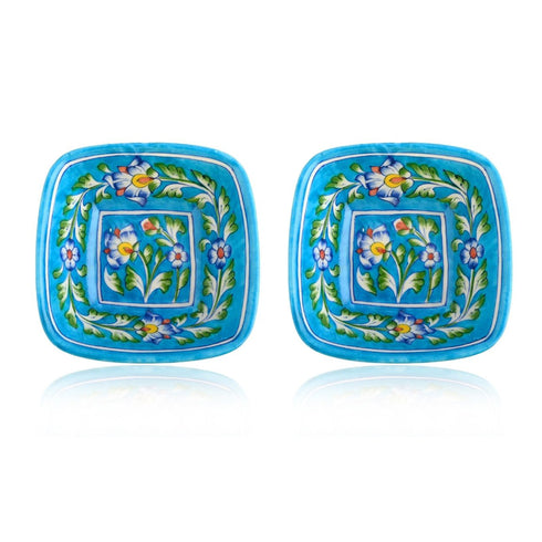Set of 2 Floral Pattern Blue Pottery Bowls—Turquoise—4”