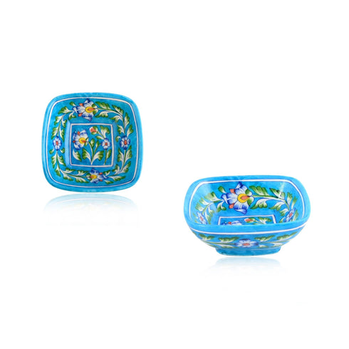 Set of 2 Floral Pattern Blue Pottery Bowls—Turquoise—4”