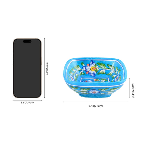 Set of 2 Floral Pattern Blue Pottery Bowls—Turquoise—6”