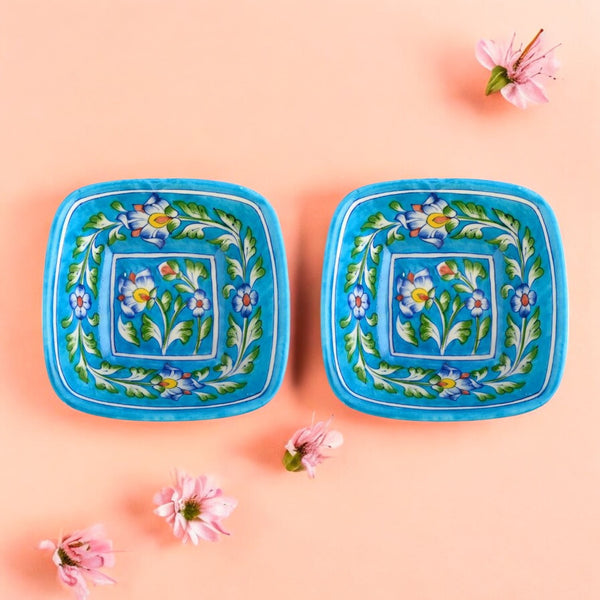 Set of 2 Floral Pattern Blue Pottery Bowls—Turquoise—6”