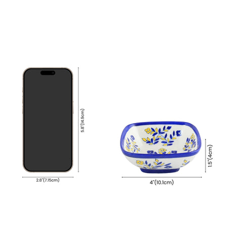 Set of 2 Floral Pattern Blue Pottery Bowls—White—4”