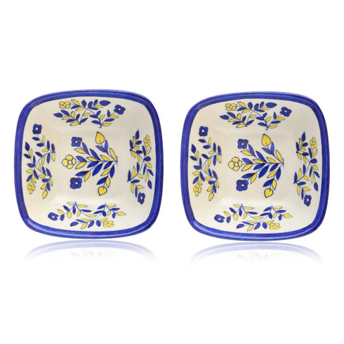 Set of 2 Floral Pattern Blue Pottery Bowls—White—4”
