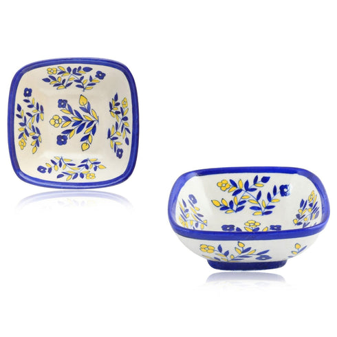 Set of 2 Floral Pattern Blue Pottery Bowls—White—4”