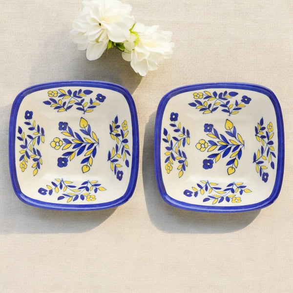 Set of 2 Floral Pattern Blue Pottery Bowls—White—6”