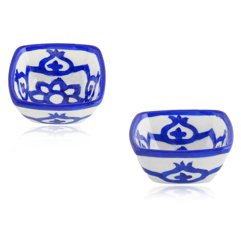 Set of 2 Floral Pattern Blue Pottery Bowls—White and Blue—4”