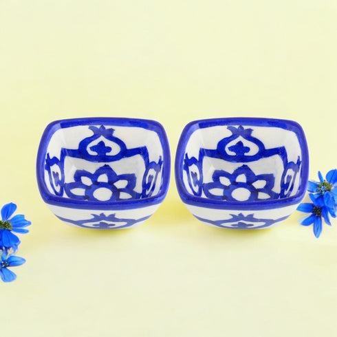 Set of 2 Floral Pattern Blue Pottery Bowls—White and Blue—4”