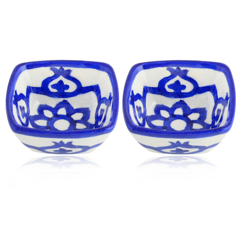 Set of 2 Floral Pattern Blue Pottery Bowls—White and Blue—4”
