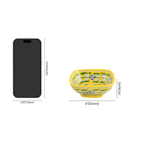 Set of 2 Floral Pattern Blue Pottery Bowls—Yellow—4”