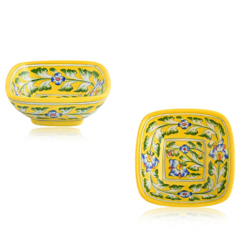 Set of 2 Floral Pattern Blue Pottery Bowls—Yellow—4”