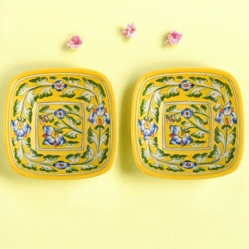 Set of 2 Floral Pattern Blue Pottery Bowls—Yellow—4”
