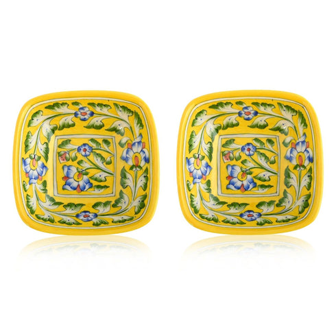 Set of 2 Floral Pattern Blue Pottery Bowls—Yellow—6”