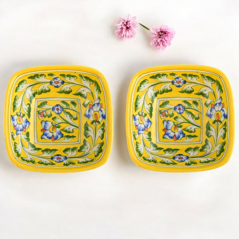 Set of 2 Floral Pattern Blue Pottery Bowls—Yellow—6”