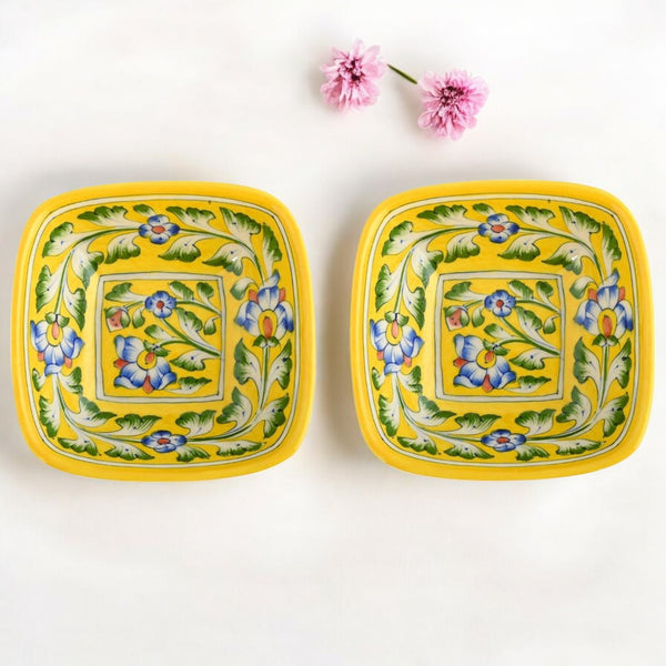 Set of 2 Floral Pattern Blue Pottery Bowls—Yellow—6”