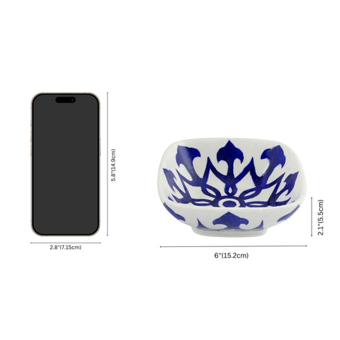 Set of 2 Floral and Geometric Pattern Blue Pottery Bowls—White—6”