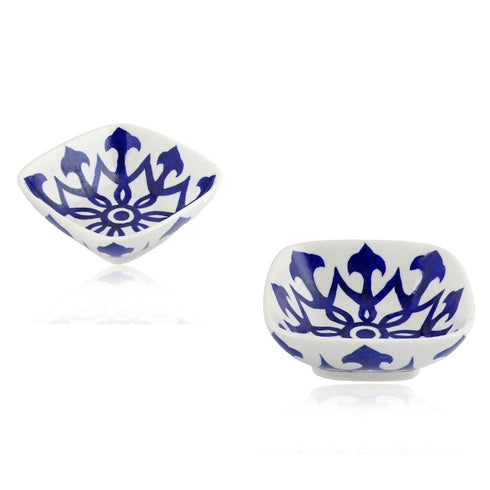 Set of 2 Floral and Geometric Pattern Blue Pottery Bowls—White—6”
