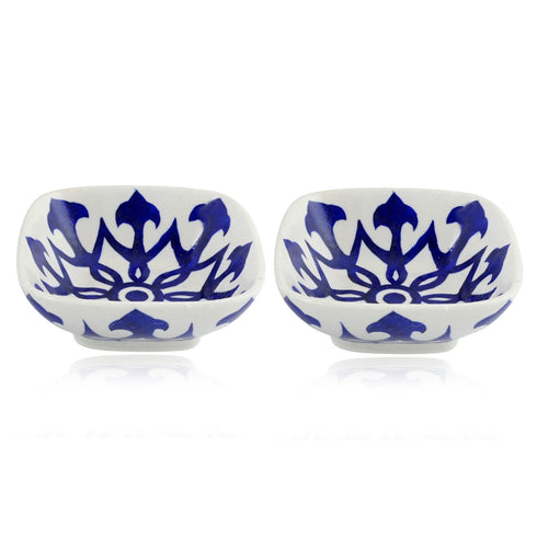 Set of 2 Floral and Geometric Pattern Blue Pottery Bowls—White—6”