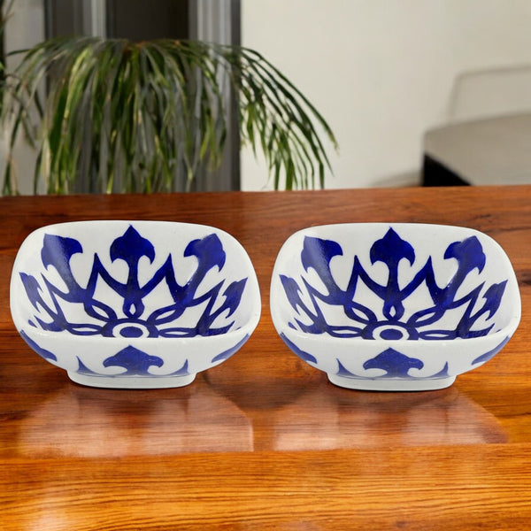 Set of 2 Floral and Geometric Pattern Blue Pottery Bowls—White—6”
