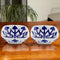 Set of 2 Floral and Geometric Pattern Blue Pottery Bowls—White—6”