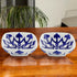Set of 2 Floral and Geometric Pattern Blue Pottery Bowls—White—6”