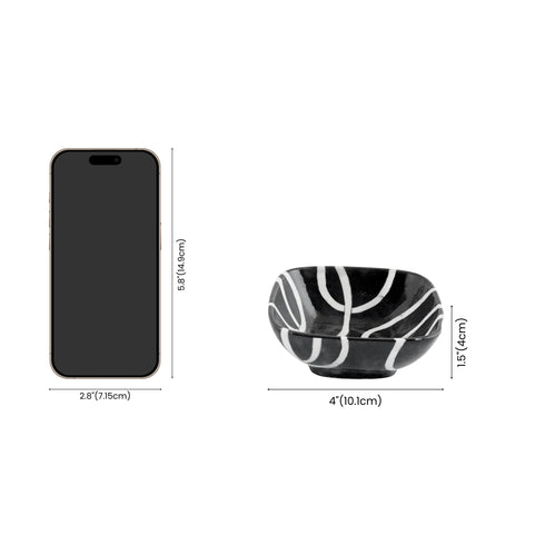 Set of 2 Geometric Pattern Blue Pottery Bowls—Black and White