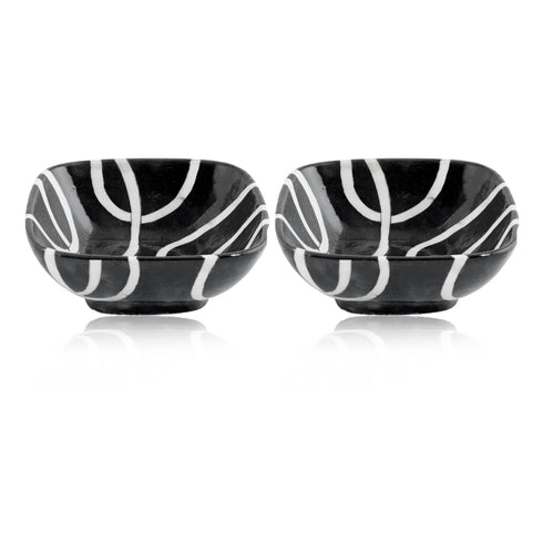 Set of 2 Geometric Pattern Blue Pottery Bowls—Black and White