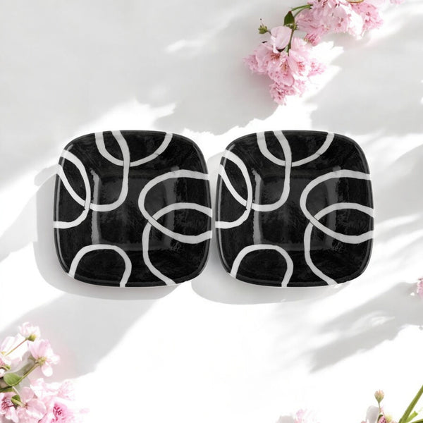 Set of 2 Geometric Pattern Blue Pottery Bowls—Black and White