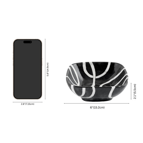 Set of 2 Geometric Pattern Blue Pottery Bowls—Black and White—6”