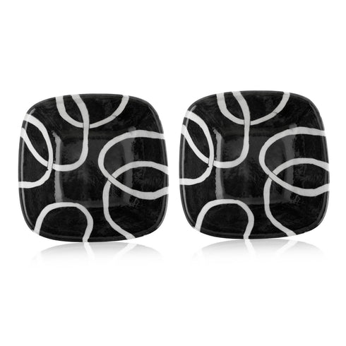 Set of 2 Geometric Pattern Blue Pottery Bowls—Black and White—6”