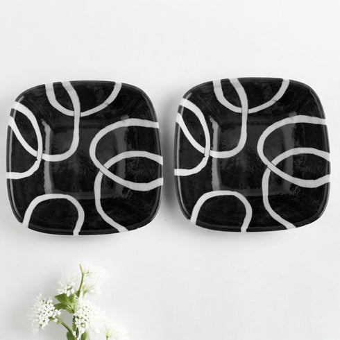 Set of 2 Geometric Pattern Blue Pottery Bowls—Black and White—6”