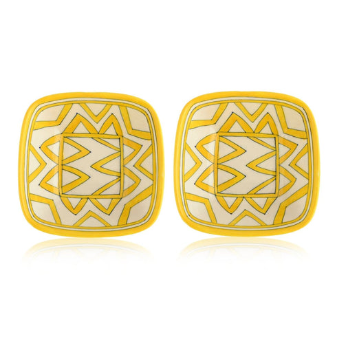 Set of 2 Geometric Pattern Blue Pottery Bowls—Yellow—4”