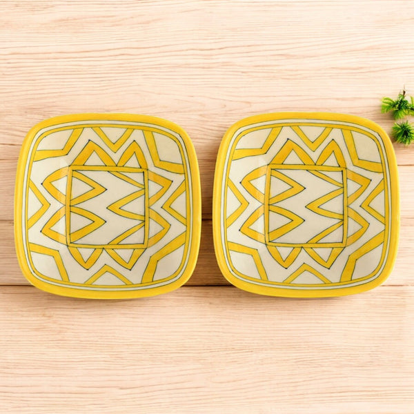 Set of 2 Geometric Pattern Blue Pottery Bowls—Yellow—4”
