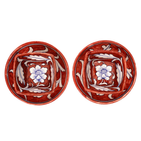 Set of 2 Handcrafted Jaipur Blue Pottery Bowls – Floral Round & Square Red Ceramic Decorative Serveware