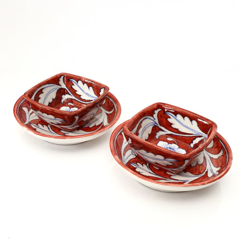 Set of 2 Handcrafted Jaipur Blue Pottery Bowls – Floral Round & Square Red Ceramic Decorative Serveware