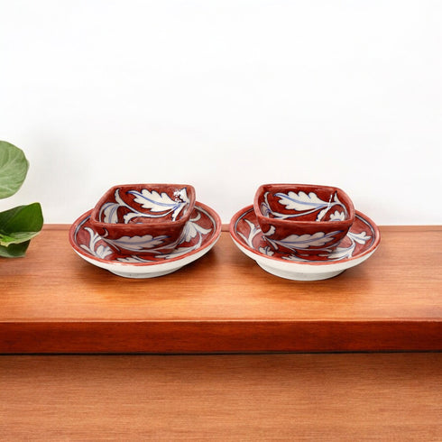 Set of 2 Handcrafted Jaipur Blue Pottery Bowls – Floral Round & Square Red Ceramic Decorative Serveware