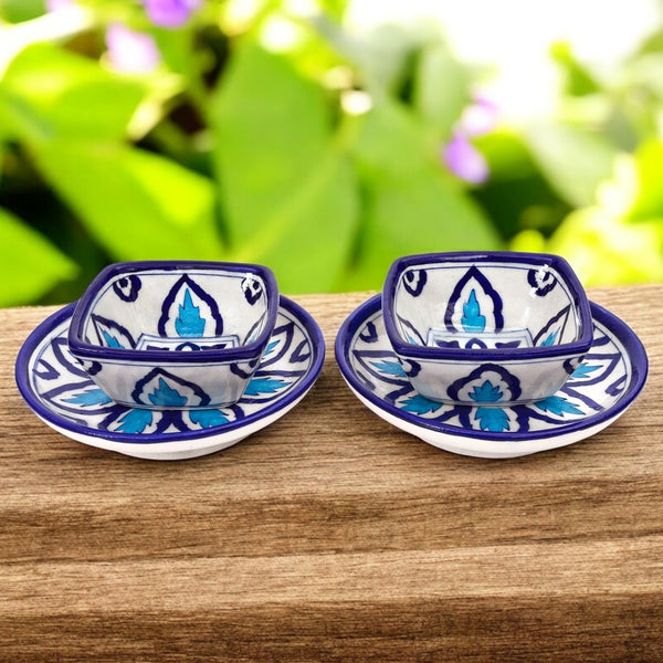 Set of 2 Jaipur Blue Pottery Bowls – Handcrafted Round & Square Floral Design Bowls for Serving & Décor