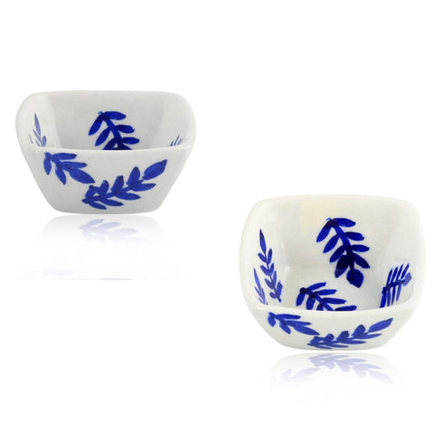 Set of 2 Leafy Pattern Blue Pottery Bowls—White