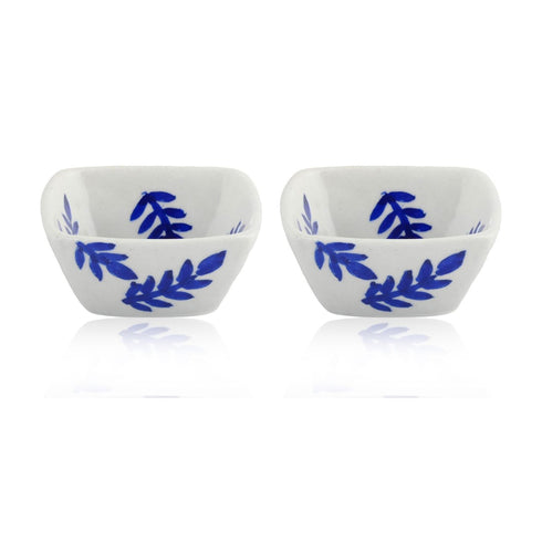 Set of 2 Leafy Pattern Blue Pottery Bowls—White