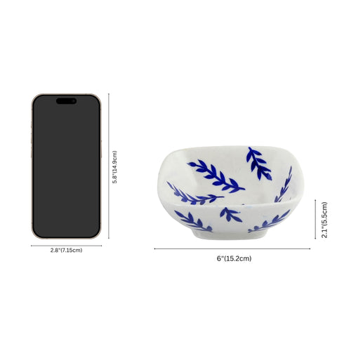 Set of 2 Leafy Pattern Blue Pottery Bowls—White—6”