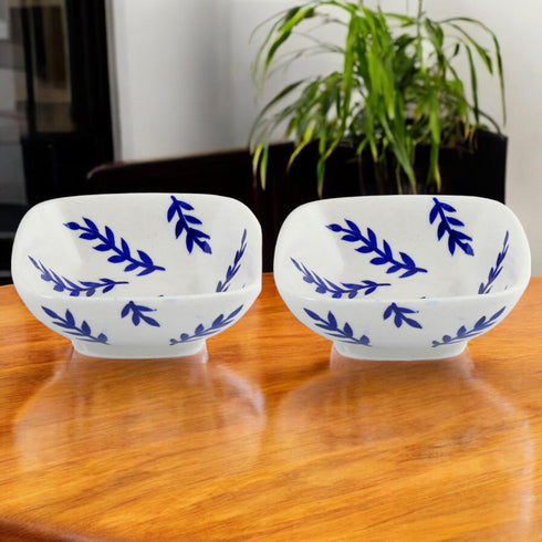 Set of 2 Leafy Pattern Blue Pottery Bowls—White—6”