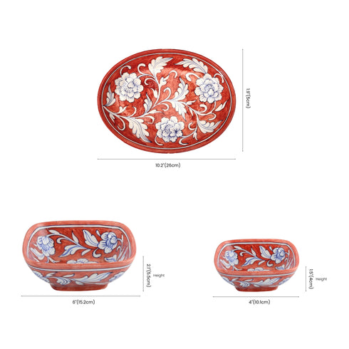 Set of 3 Handcrafted Jaipur Blue Pottery Bowls – Oval & Round Floral Bowls