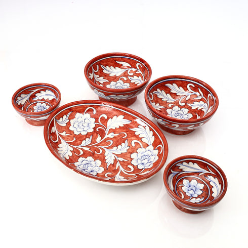 Set of 3 Handcrafted Jaipur Blue Pottery Bowls – Terracotta Red Floral Oval & Round Serving Bowls