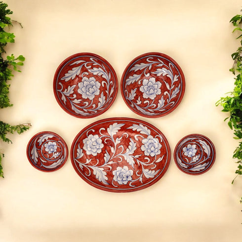 Set of 3 Handcrafted Jaipur Blue Pottery Bowls – Terracotta Red Floral Oval & Round Serving Bowls