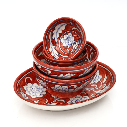 Set of 3 Handcrafted Jaipur Blue Pottery Bowls – Terracotta Red Floral Oval & Round Serving Bowls